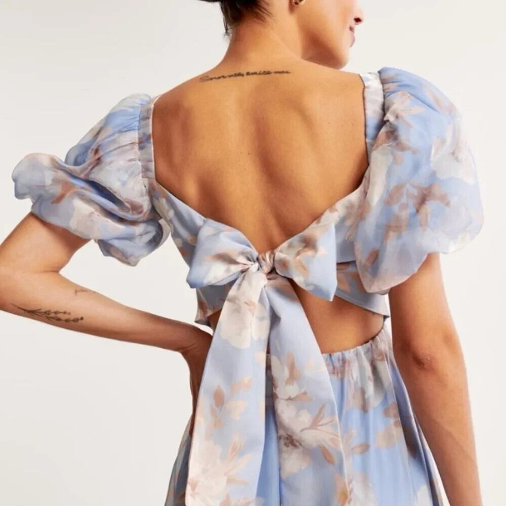 Abercrombie Emerson Drama Bow Back Floral Organza Maxi Dress Blue Large - Picture 4 of 11